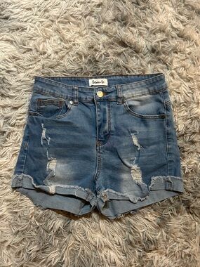 Bleu&Co Distressed Blue Denim Roll-Hem Women's Shorts